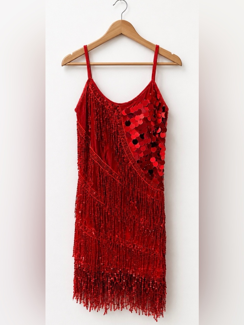 Red Satin Fringe Flapper Dress – Beaded Sequin Party Dress